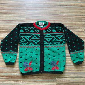 Mercury Intl Children's 90s Knit Cardigan Sweater Vtg Hearts & Flowers Pattern